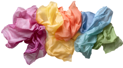 realistic kids recycled fabric scraps mockup, top view with colors, isolated on transparent background