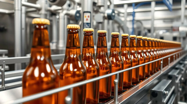 Factory for the production of beer. Brewery conveyor with glass beer drink alcohol bottles, modern production line. Blurred background. Modern production for bottling drinks. Selective focus.