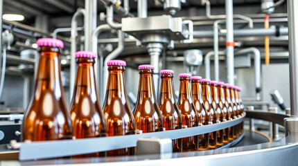 Factory for the production of beer. Brewery conveyor with glass beer drink alcohol bottles, modern production line. Blurred background. Modern production for bottling drinks. Selective focus.
