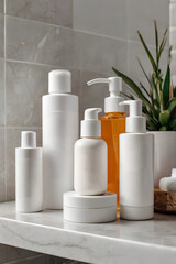 A set of minimalist, mostly white cosmetic bottles and jars with one orange bottle, arranged on a clean marble surface with a green plant in the background. Ideal for beauty and personal care.