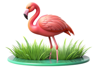 3D Pink Flamingo Standing in Grass with Water Base