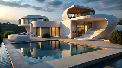 Fototapeta premium Modern house with swimming pool and garden at dusk wide angle lens blue sky front view landscape.