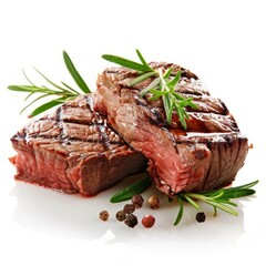 Two delicious grilled beef steaks, garnished with fresh rosemary and peppercorns, resting on a pristine white surface