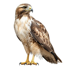 Obraz premium A large brown and white bird with a yellow beak stands on a white background
