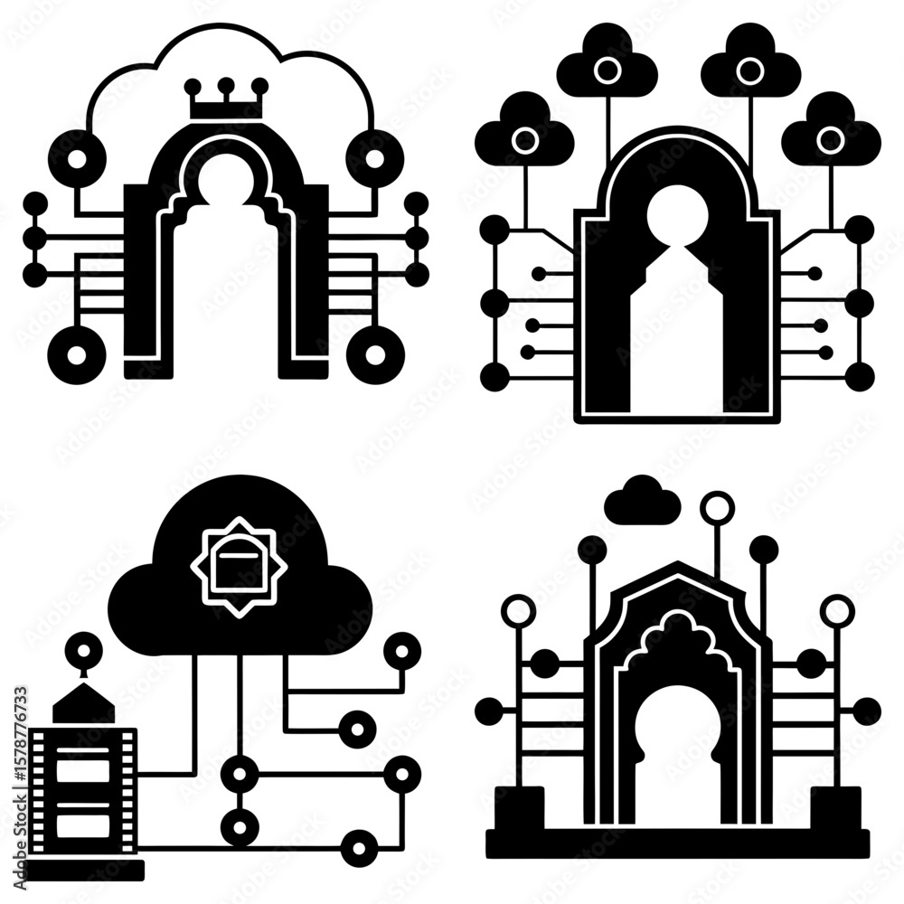 Poster four stylized cloud computing icons with architectural and circuit board elements displayed