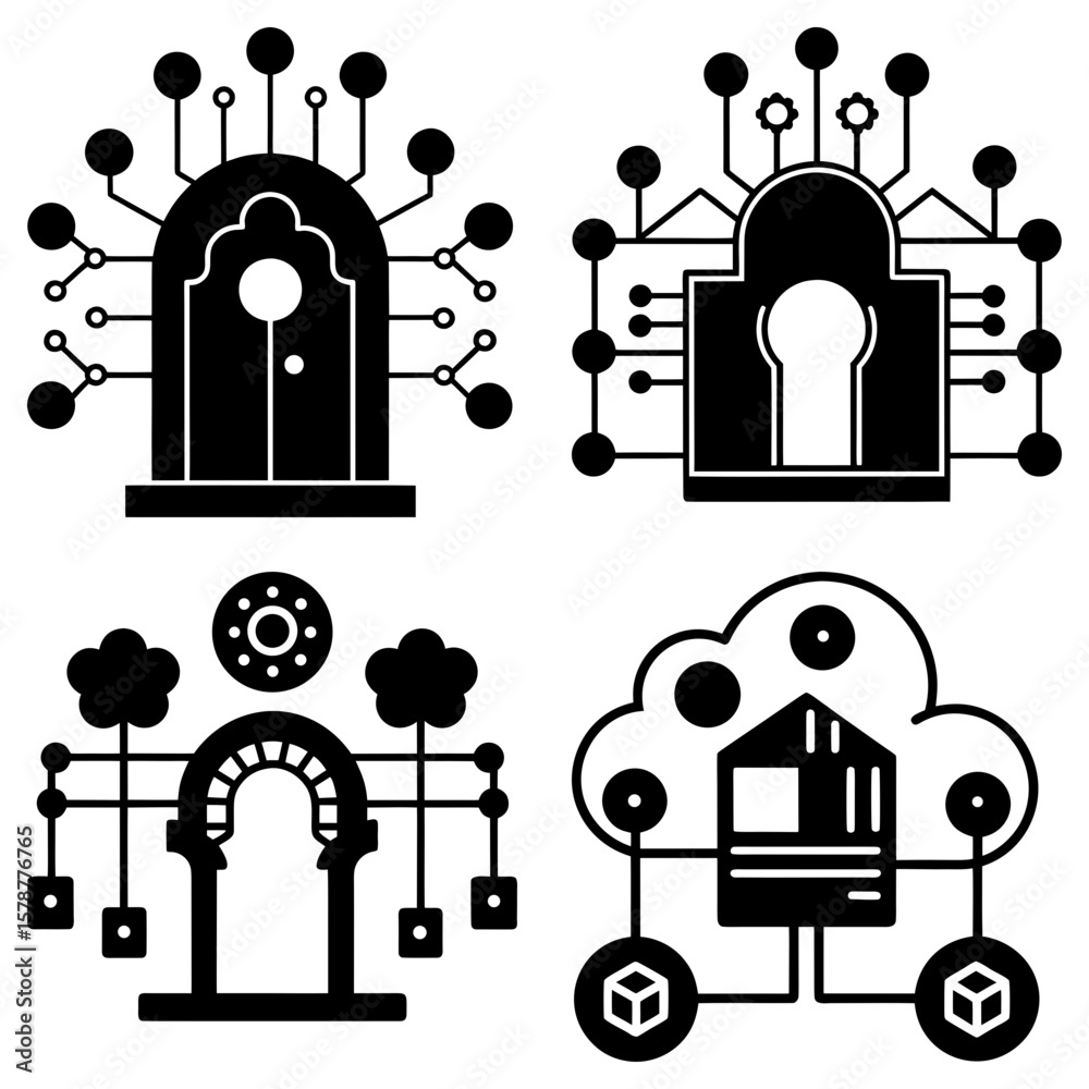 Poster four black and white icons depicting digital portals and cloud computing concepts in a vector format