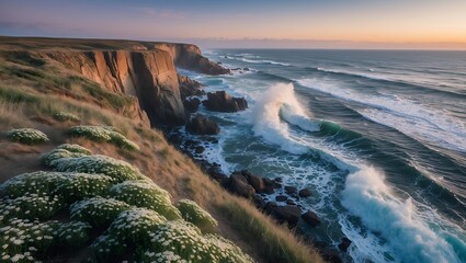 Ocean Waves Crashing on Rocky Coastline with Wildflowers at Sunset