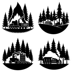 Obraz premium Four black and white logging scenes with trees and steam powered vehicles in various forest settings