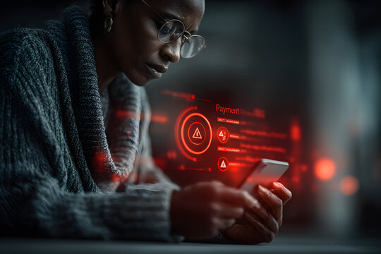 Young woman looking at her phone with a worried expression, surrounded by digital red warning icons, symbolizing cyber threats, online security breaches, or digital anxiety.
- Powered by Adobe
