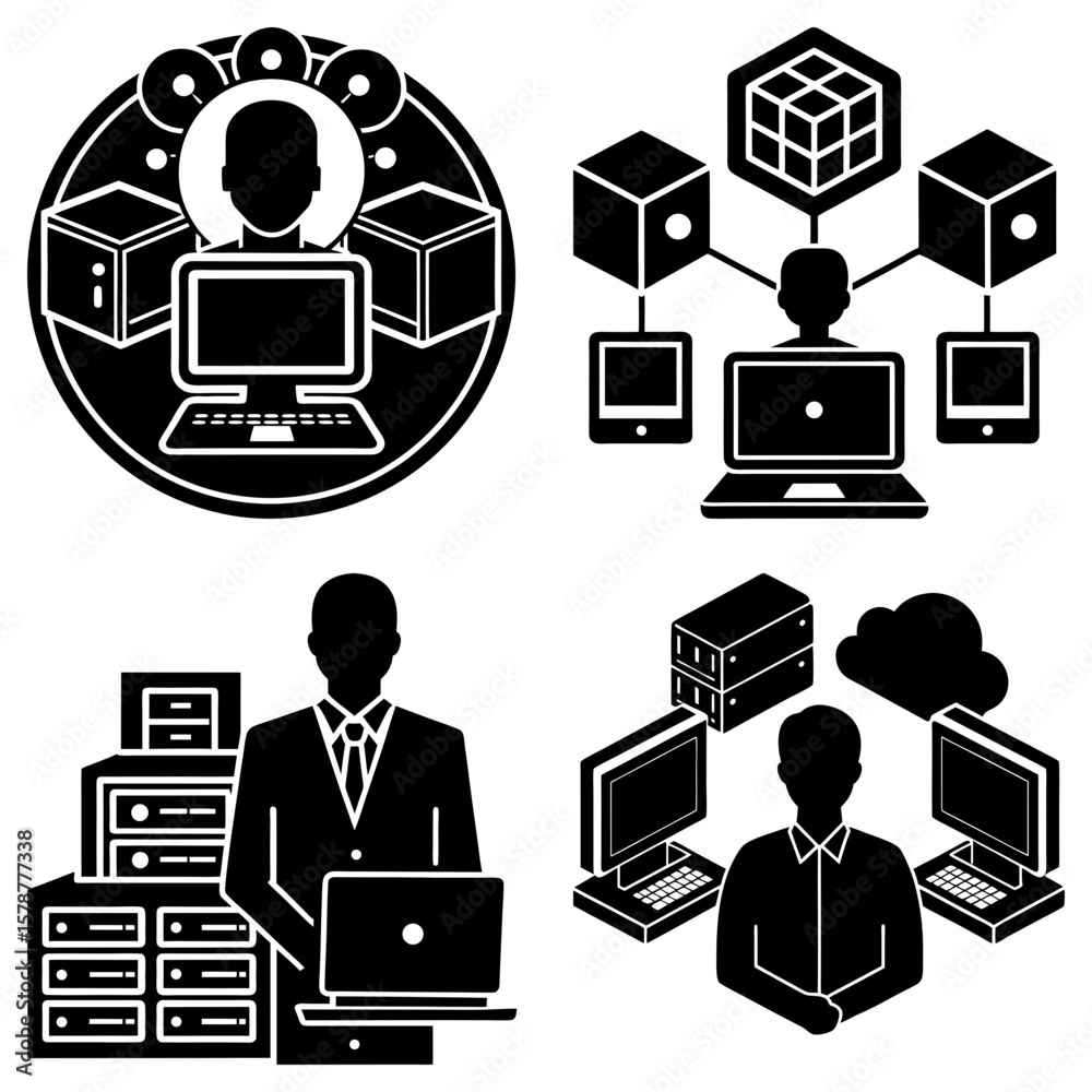 Poster illustrations of data networking concepts with computers servers and human silhouettes in black and 
