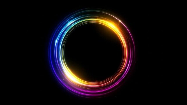 A vivid circle of neon, rainbow light trails on black - Powered by Adobe
