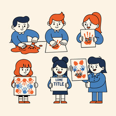 Cartoon Style Children Painting with Handprint on Paper in Art Class Illustration