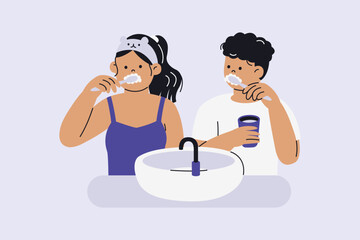 Illustration of Couple Brushing Teeth Together