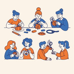 Flat Illustration of People Crafting with Pumpkins and Autumn Leaves in a Studio