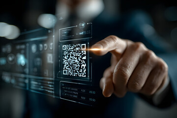 Close-up of a hand interacting with a futuristic digital interface featuring a QR code, symbolizing digital transactions, smart technology, and secure access systems.
