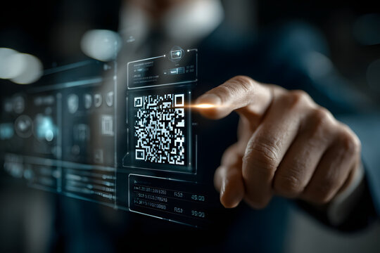 Close-up of a hand interacting with a futuristic digital interface featuring a QR code, symbolizing digital transactions, smart technology, and secure access systems.
