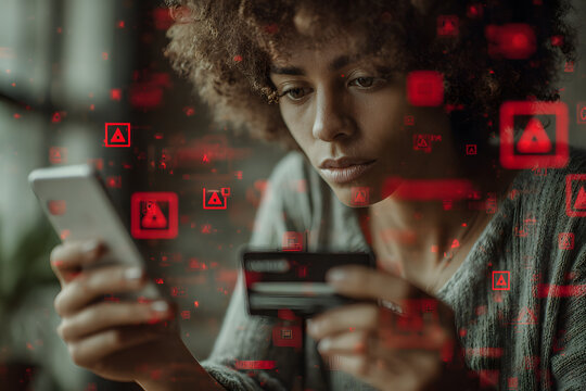 Young woman looking at her phone with a worried expression, surrounded by digital red warning icons, symbolizing cyber threats, online security breaches, or digital anxiety.