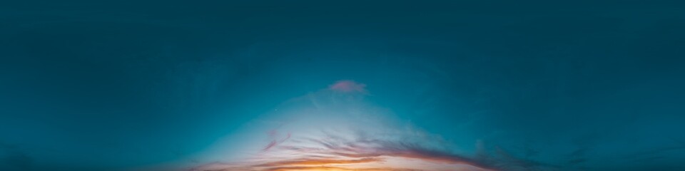Dark moody twilight Sunset sky 360 panorama with bright glowing red pink Cirrus clouds. HDR 360...