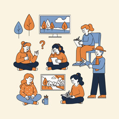 Flat Line Illustration Group of People Drawing Nature Landscape Art