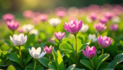 Close up shot of delicate pink and white spring clover flowers amidst a blanket of soft green foliage with sunlight filtering through botanical photography floral arrangement