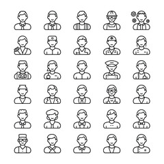 Fototapeta premium Collection of Thirty Six Black Outline Icons Depicting Diverse Professions Including Doctor Nurse Engineer Chef and More on White Background