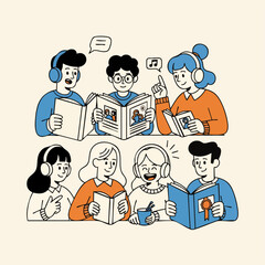 Colorful Flat Illustration of People Reading Different Books for Learning