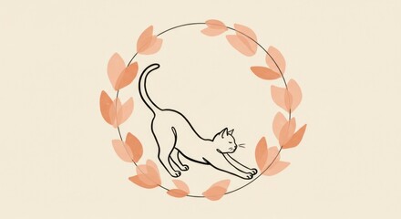 Cat Stretching in Floral Circle Line Art