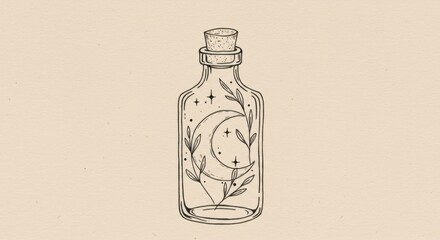 Crescent Moon in a Bottle with Botanical Accents Line Drawing