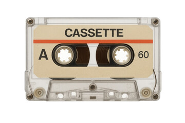 Fototapeta premium Vintage audio cassette tape close-up, transparent background highlighting analog music storage technology from past decades