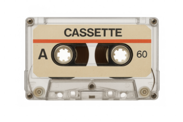 Vintage audio cassette tape close-up, transparent background highlighting analog music storage technology from past decades