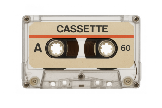 Vintage audio cassette tape close-up, transparent background highlighting analog music storage technology from past decades