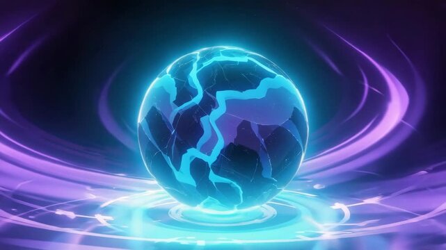 Beautiful glowing orb radiating blue energy in a cosmic landscape with swirling purple patterns