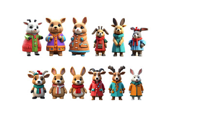 Fototapeta premium A whimsical collection of cartoon animals dressed in winter coats creates a charming and playful scene suitable for children's designs and holiday themes.