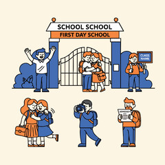 Flat Line Illustration of Student Activities in School Gate Scene