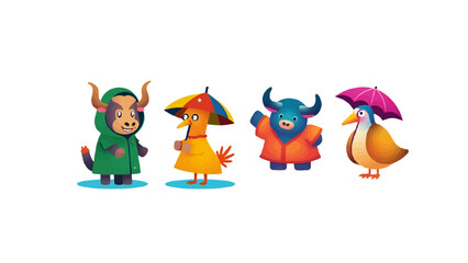 Fototapeta premium Cartoon bull and ducks are depicted with umbrellas and raincoats, presenting a colorful and whimsical illustration perfect for children's content about animals.