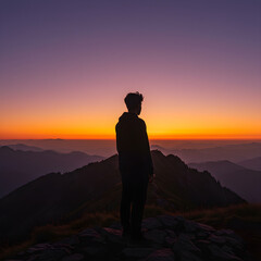 Fototapeta premium Silhouette of a Man on a Mountain Peak at Sunset | Backlit Figure Contemplating the Landscape for Solitude, Adventure, and Outdoor Lifestyle