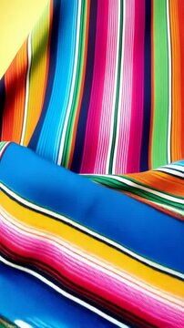 Close up of a colorful striped serape textile with traditional fringe, vibrant and visually appealing, studio shot.