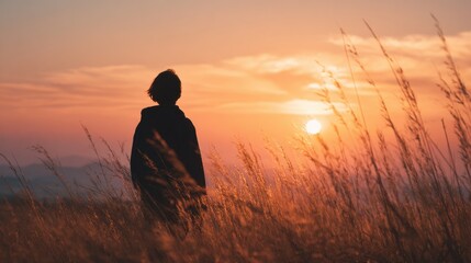 Person Standing in Nature at Sunset Surrounded by Tall Grass with Vibrant Orange and Pink Sky Above