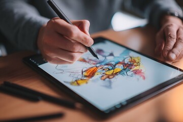 A digital artisan sparks innovation,Sketching colorful dreams in a sleek studio rainforest.