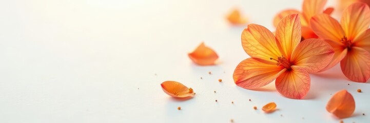 Obraz premium Orange blossoms gently falling on a pristine white surface, delicate, pristine