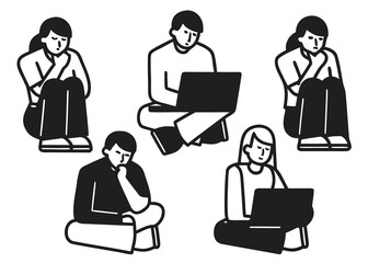 People sitting with laptops and thinking isolated on white background