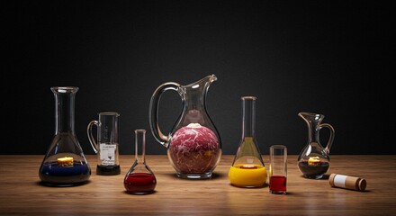 Still life of glass beakers and a pitcher filled with various colored liquids and meat on a wood table