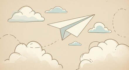 Paper Airplane Soaring Through Clouds Line Art