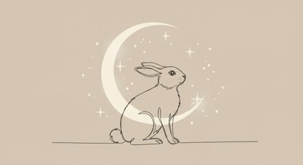Rabbit Under Crescent Moon Line Art