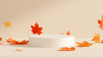 A white cylinder pedestal with orange autumn leaves on a light background. Abstract empty geometric display podium for product showcase.