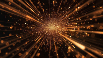 Golden glitter explosion on a dark background. Abstract sparkling dust. Festive celebration with bokeh light effect for holiday design.