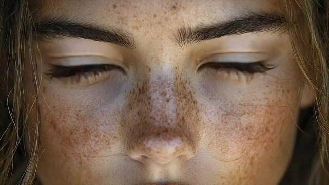 Close-up of a face with numerous freckles, eyes closed