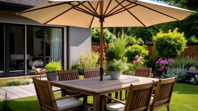 Outdoor dining setting with wooden table, chairs, and sun umbrella on green lawn, with modern house and lush garden in background.