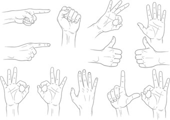 Obraz premium Collection of hand gestures including pointing thumbs up ok sign fist and open palm