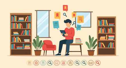 Man Reading Tablet in Library with Floating Bookmarks